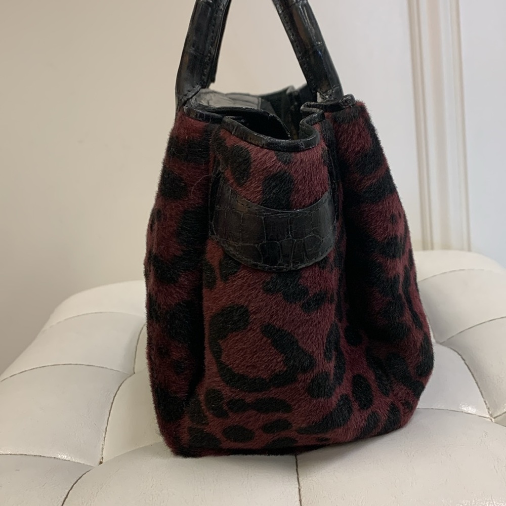 Nancy Gonzalez Burgundy and Black Leopard Calf Hair Crossbody Tote - Picture 4 of 10